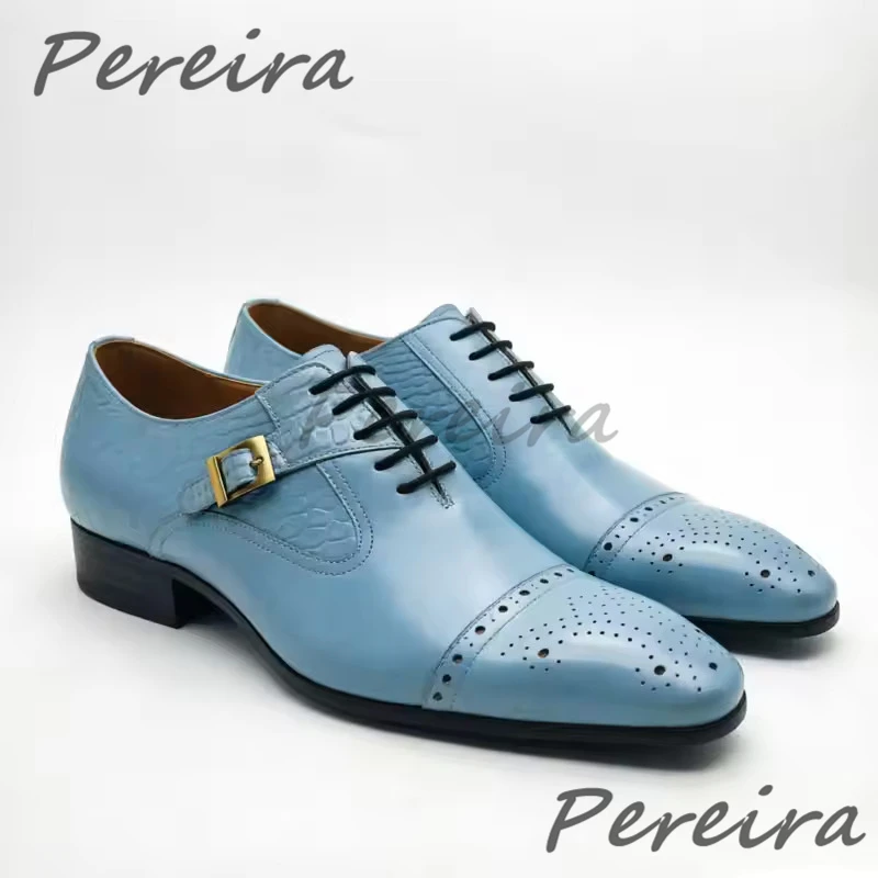 Men's Handmade Genuine Leather Formal Shoes Brown Blue Pointed Toe Lace Up Oxfords Fashion Wedding Party Business Dress Shoes