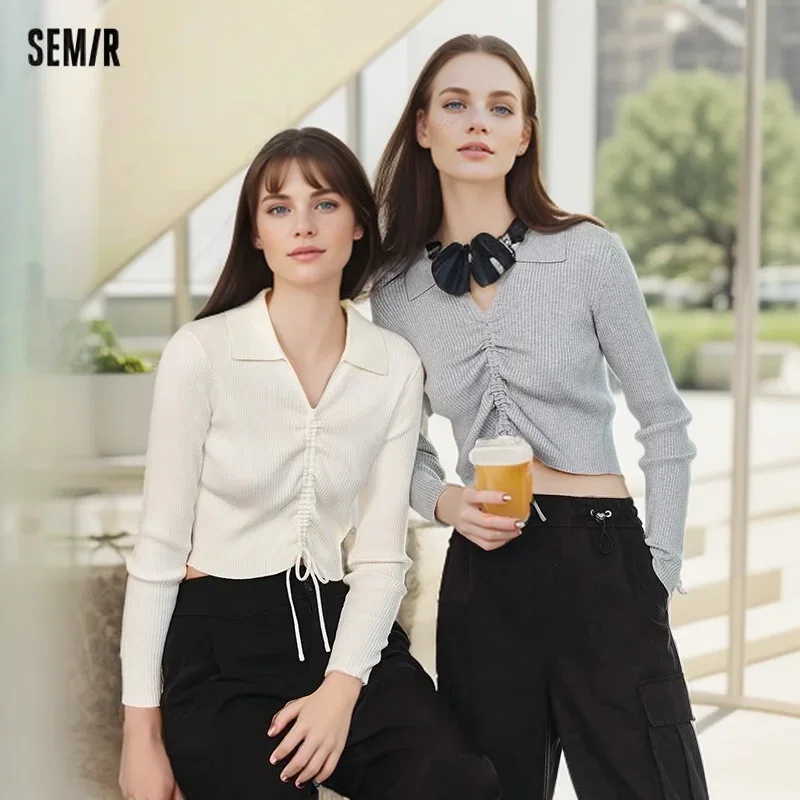 Semir 2024 Sweater Women Short Solid Color Machine Drawstring Spring New Polo Collar Slim Sweater Tops