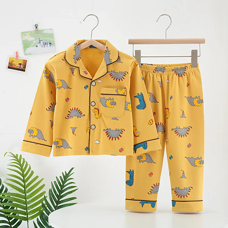 Toddler Cartoon Pattern Design Pajs Spring Autumn Children Pajama Boy Long-sleeved Cardigan Lapel Homewear Cotton Baby Girl Suit