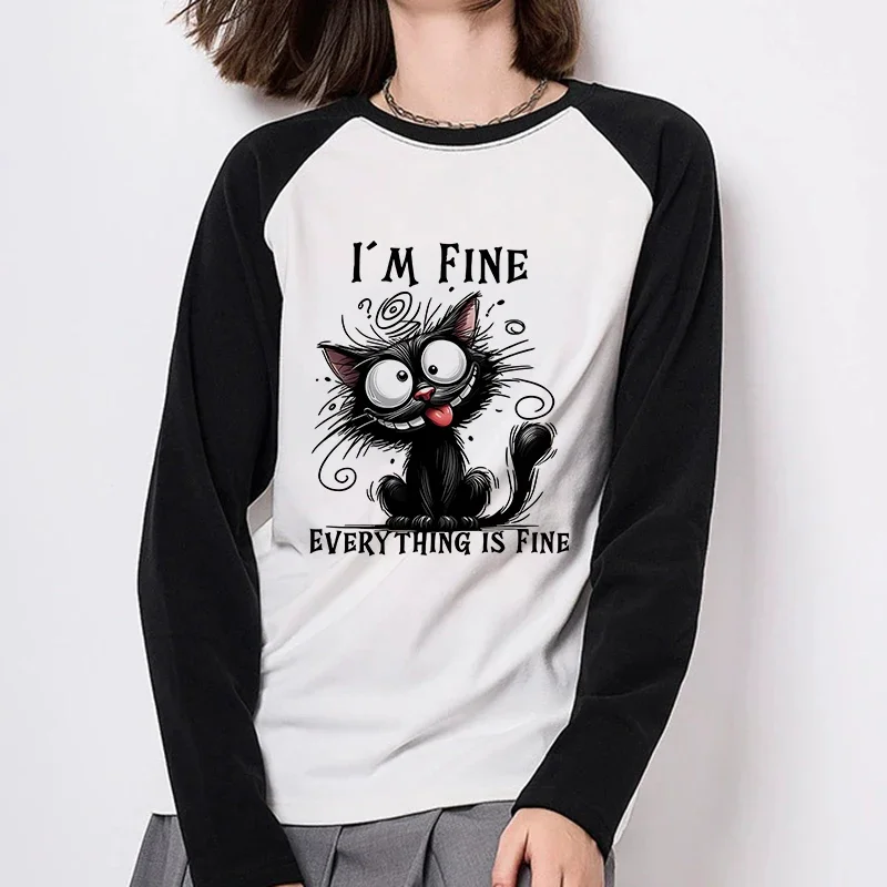 Women's All Seasons Tees Tops Funny Gothic T-Shirt Tshirt Clothing I'm Fine Everything Is Fine Sarcastic Cat Long Sleeve T Shirt