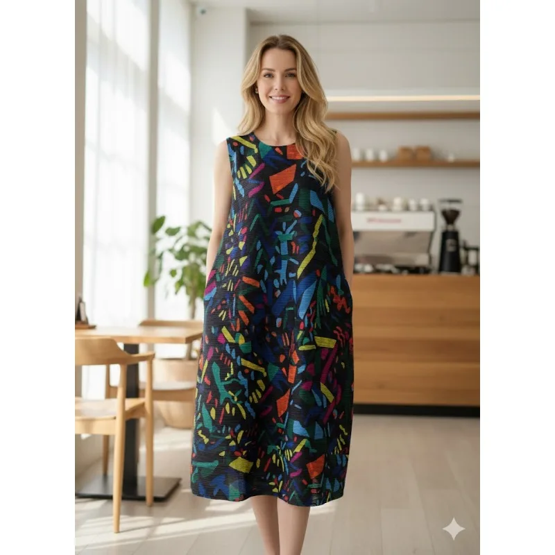 

Плиссированное платье Miyake с граффити-принтом, женское, весна 2026, новинка, без рукавов, свободное, с принтом, на бретельках, пышное, омолаживающее, тонкое, с юбкой