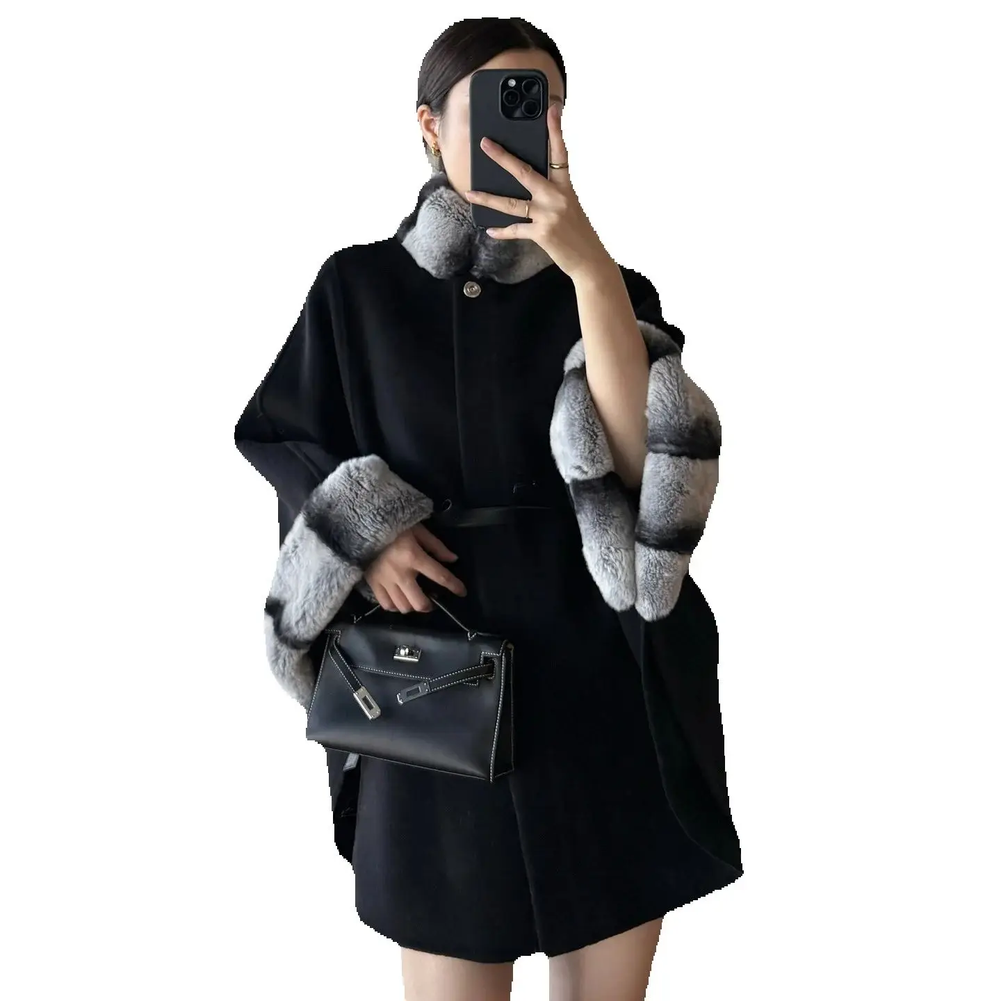 South Korean heiress 2025 Autumn/Winter new style Totoro and rex rabbit fur stand-up collar cape, double-sided cashmere coat, wo