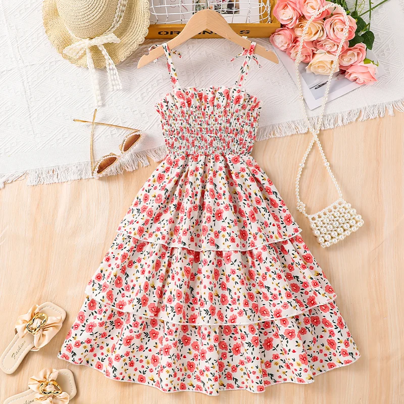 

New Summer Dress For Big Kids 2025 With Bow Decoration In Pink And Cake Skirt