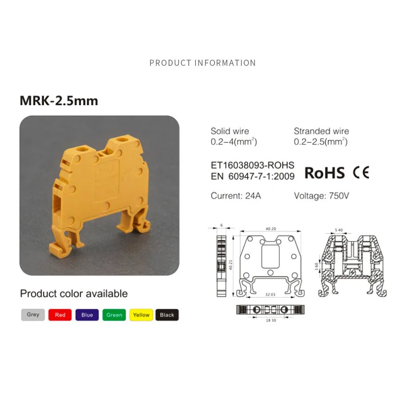 100Pcs MRK2.5 Screw Connection 2.5mm² Wire Electrical Din Rail Terminal Block onka 2.5