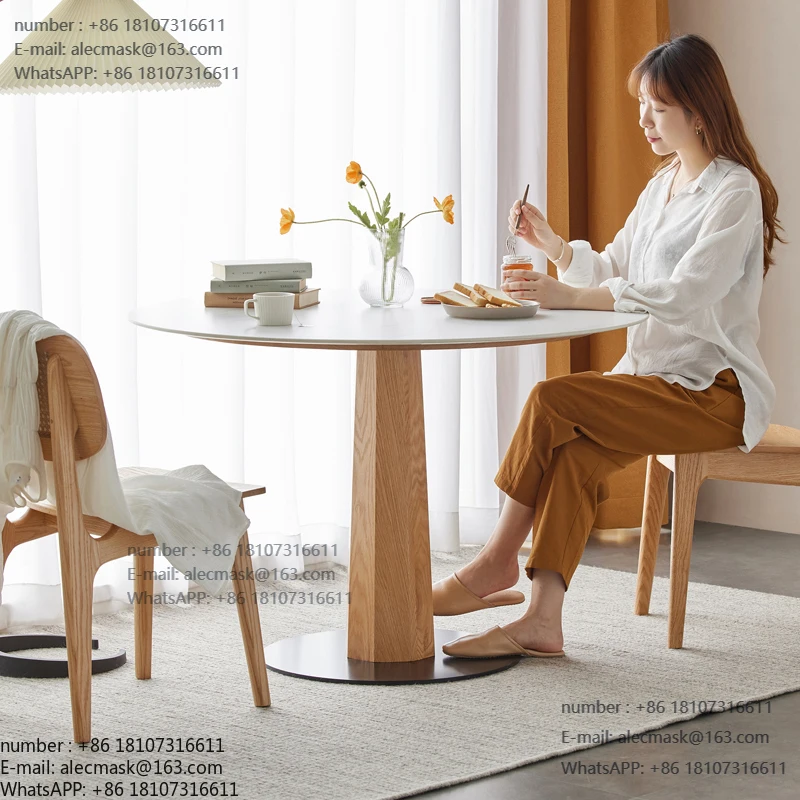 

Nordic Style Solid OAK Wood Base Dinner Table Simple Modern Sintered Stone Marble Top Round Dining Table Set