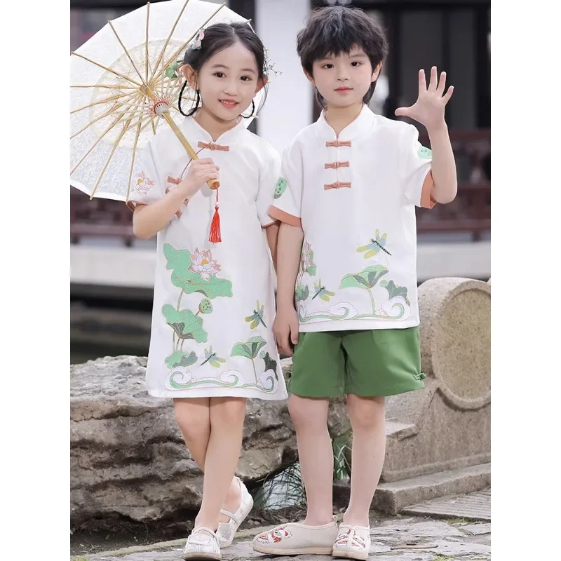 Summer Cute Lotus Dragonfly Tang Suit Cheongsam Boys Girls Twins Chinese Style Chorus Performance Clothing Online Chinese Store