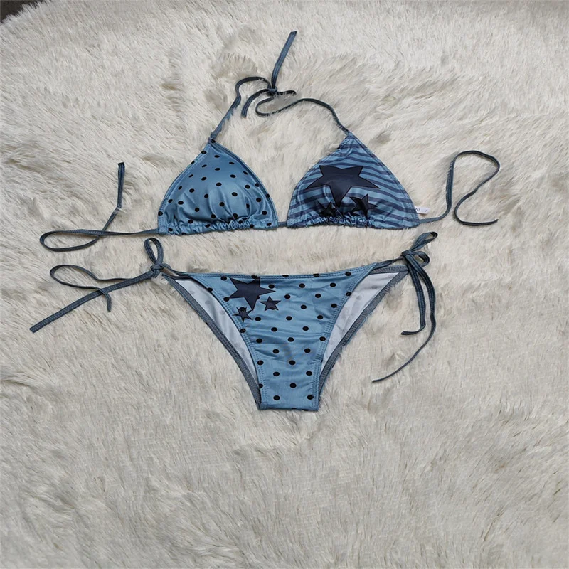 

Сексуальный купальник с принтом звезд, топ-бикини с завязками на шее, комплект из двух предметов для девочек, нижнее белье в стиле Spicy Girl, премиум-класс, бренд DK