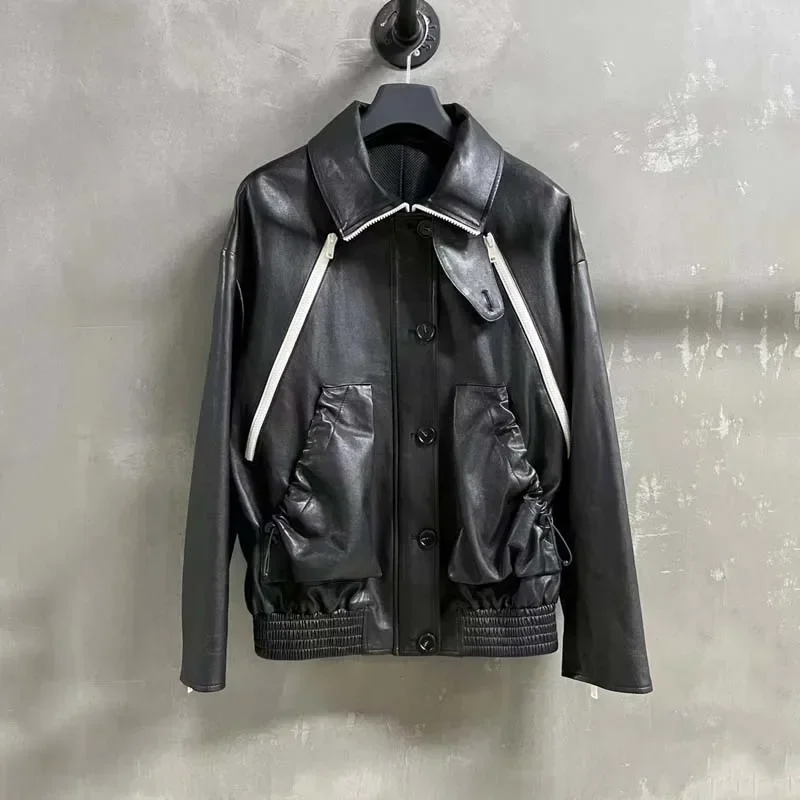 Echte Lederjacke Umlegekragen Damen Mantel Frühling Einreiher Ultradünne pflanzlich gegerbte Schaffellmode