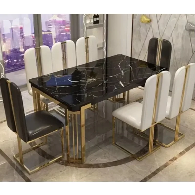 

High Quality Marble Banquet Tables and Chairs Set in a Modern Black 6-seater Solid Dining Room Set