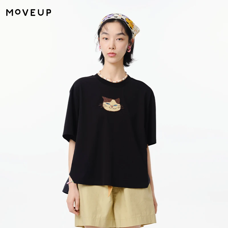 

MOVEUP Short Sleeves Round Neck T-Shirt 2026 Summer New Cat Embroidered Commuting Tees Casual Loose Fit Top For Women 325210509