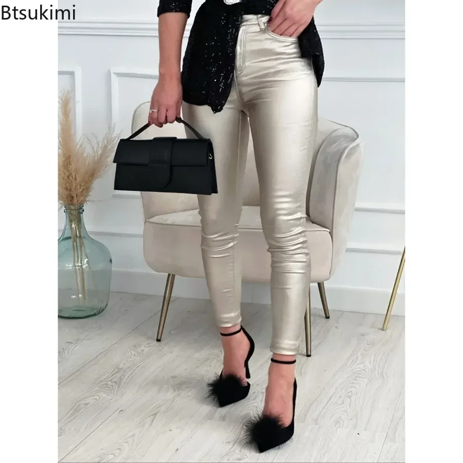 New 2025 Women's Shinny Button Zipper Trousers Pants Holiday Solid Pocket Simple Ladies Pencil Pants Casual Streetwear Pants