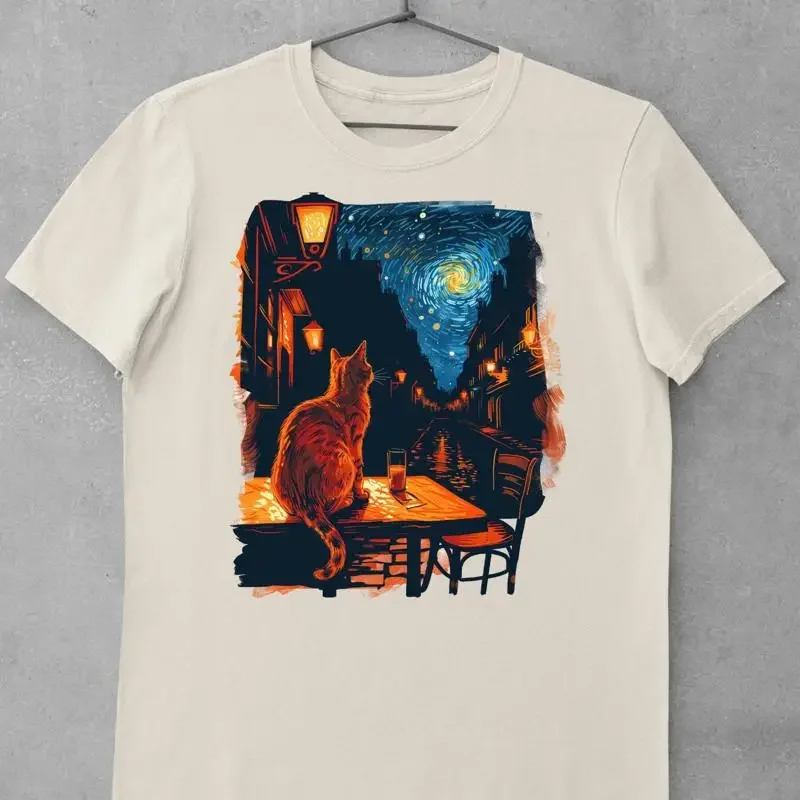 Van Gogh Café Terrace Inspired CaT T Shirt Vibrant Night Scene Artistic Design Orange Lover