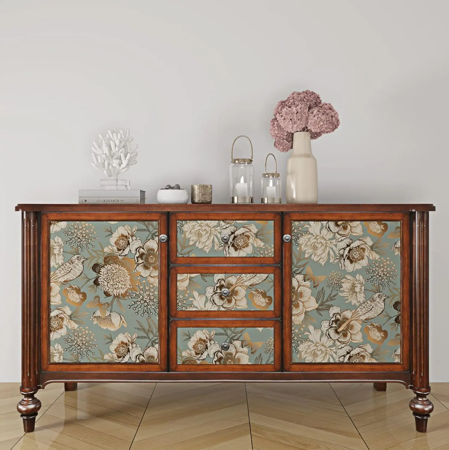 Vintage Gold Floral Wallpaper Garden Bird Flower Peel and Stick Wallpaper Bedroom Dark Cyan Contact Paper for Cabinets Vinyl