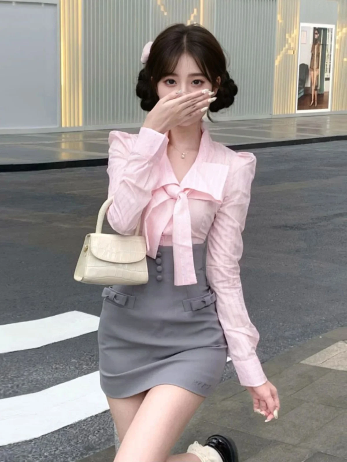 

Chic Pink irt And Skirt Set Korean Sle Beautiful Unique Early Spring Faion for Small Figures Cotton Long Sve
