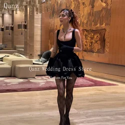 Qanz Black Fluffy Prom Dresses Satin Spaghetti Straps Robes De Cocktail Mini Lace Up Back Vestido De Graduación 2024 Customized