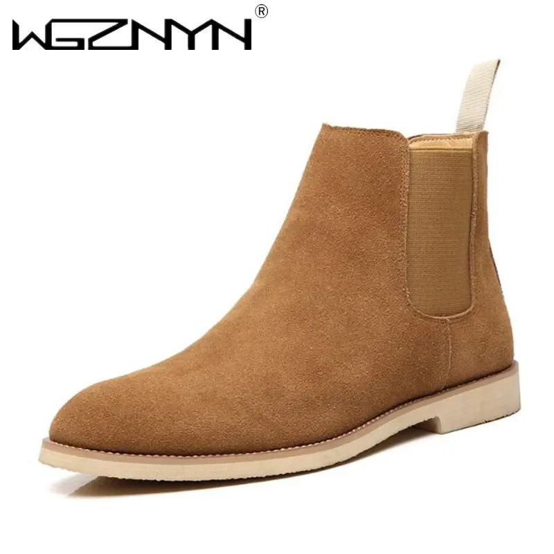 Fashion Yellow Chelsea Boots Men Pointed Comfortable Dress Boots Men Slip On Cheap Women Men\'s Suede Shoes Zapatos Hombre Casual