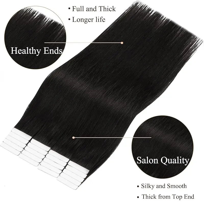 Mini Tape in Hair Extensions de cheveux humains, Cheveux raides, 100% Remy Hair, Extensions de trame de peau invisible sans couture, 16-26 ans, # 1B, 20 pièces