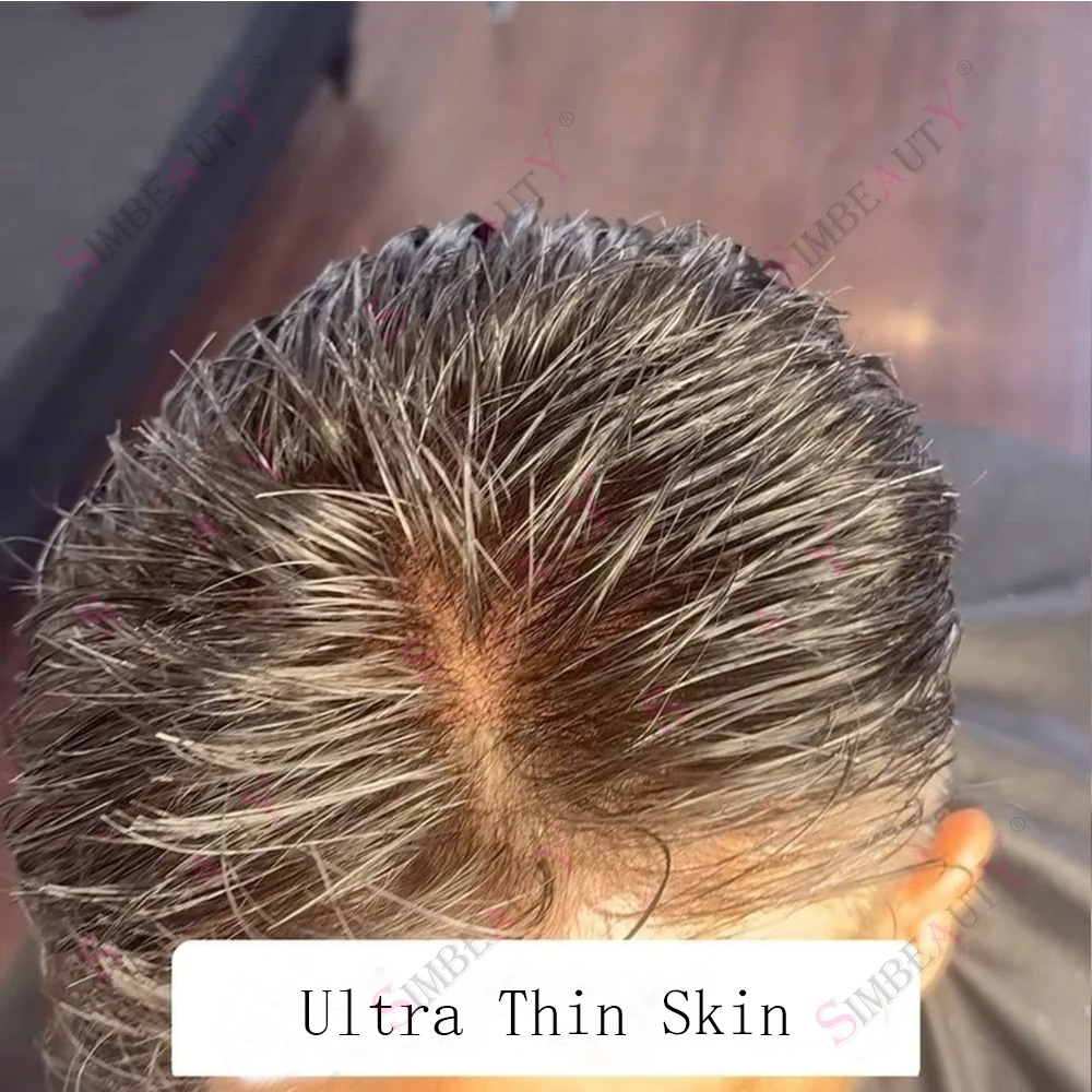 

European Ash Blonde Brown #7 Ultra Thin Skin 0.02mm 80%Density Men Toupee Human Hair System Vloop Black Grey Capillary Prosthesi