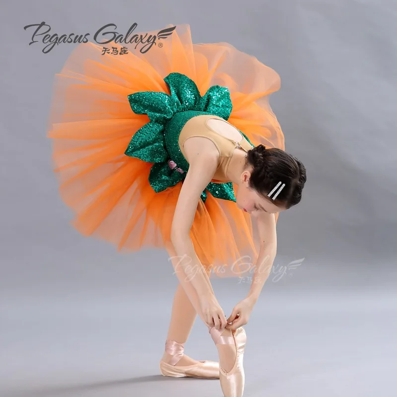 Lovely Shiny Ballet Dance Skirt Children Sleeveless Orange Ballet TuTu Dress Girls Stage Performance Ballet Dance Skirt