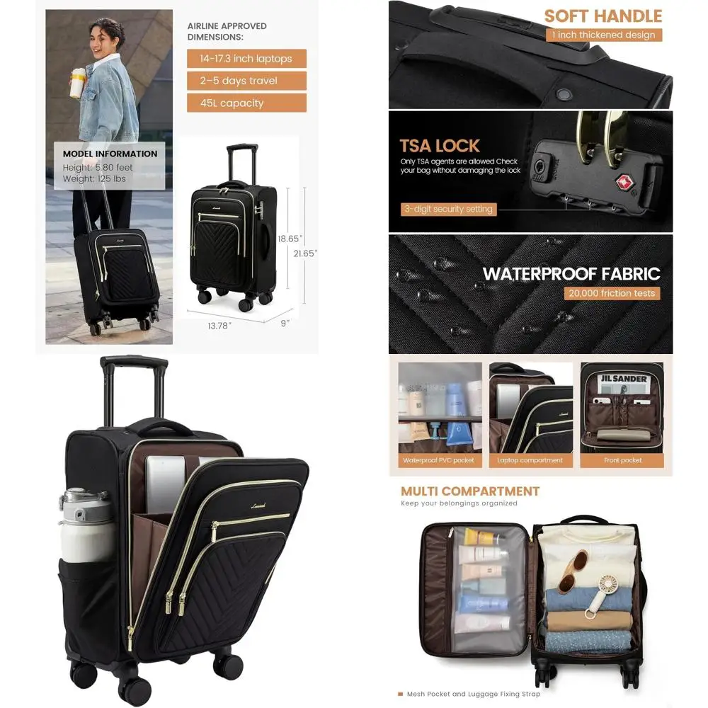 

20 Airline Approved Softside Carry-On Luggage with TSA Lock, Lightweight Suitcase for Travel