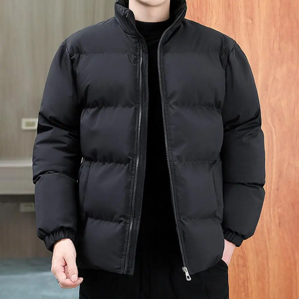 Men Zipper Coat Men's Winter Cotton Coat with Stand Collar Zipper Placket Hop Streetwear Jacket with Pockets Oversize Thicken