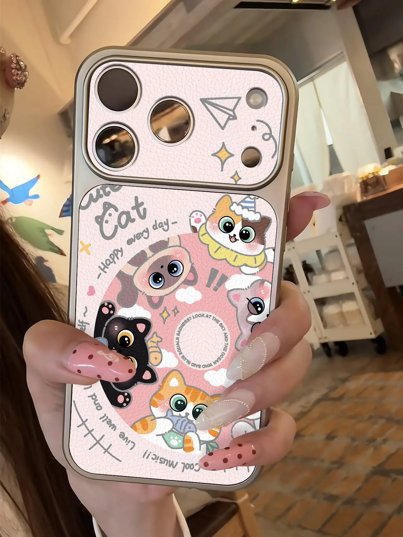 Cartoon-Farbige Kätzchen-Imitat 17 Handyhülle für iPhone 13 14 15 16 17 Pro Max 17Pro, Galvanisierter Stoßfänger, Stoßfeste Leder-INS-Hülle – Detail 12