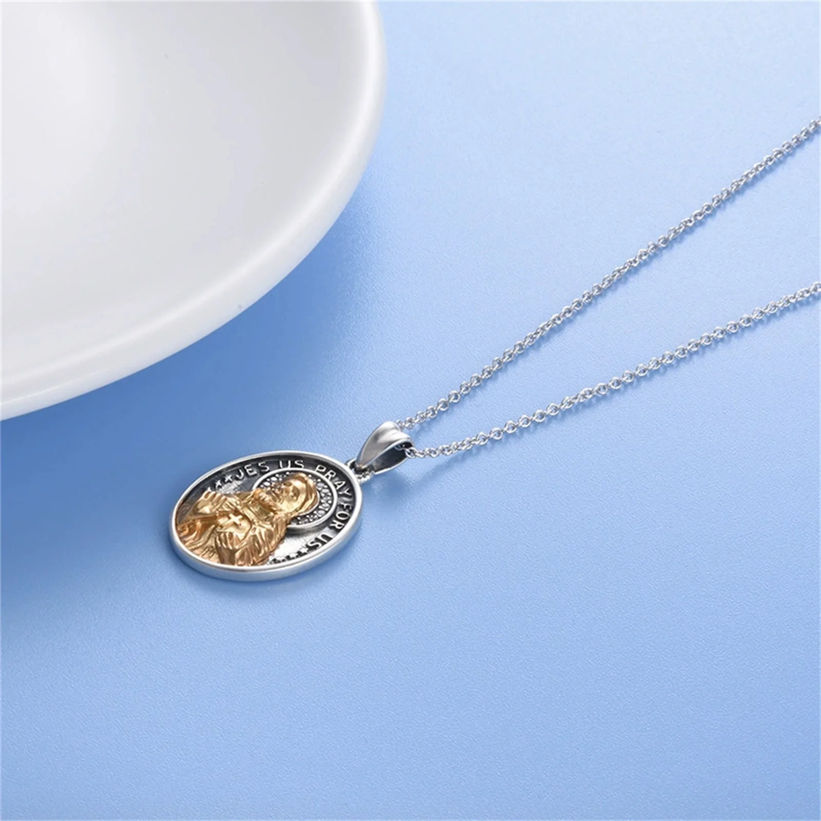 Christ Head Medal Sterling Silver 925 Jesus Pray for Us Pendant Necklace Religious Jewelry for Men Women