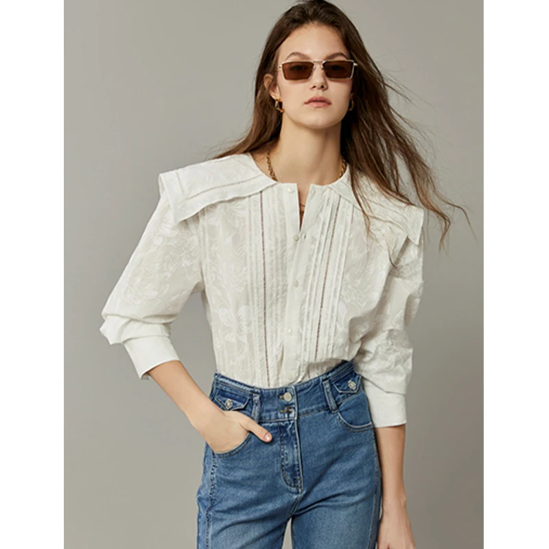 Długi rękaw, bawełniana bluzka wyszczuplająca z granatowym kołnierzykiem, plisowana, zapinana na jeden guzik, koreańska elegancka bluzka jedwabna do pracy dla kobiet.