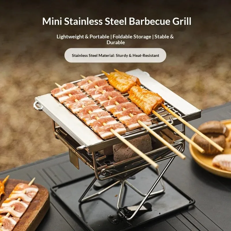 Camp Grill Portable Folding - Outdoor-Camping-Klappgrill aus Edelstahl, tragbarer Holzofen, Verbrennungsanlage