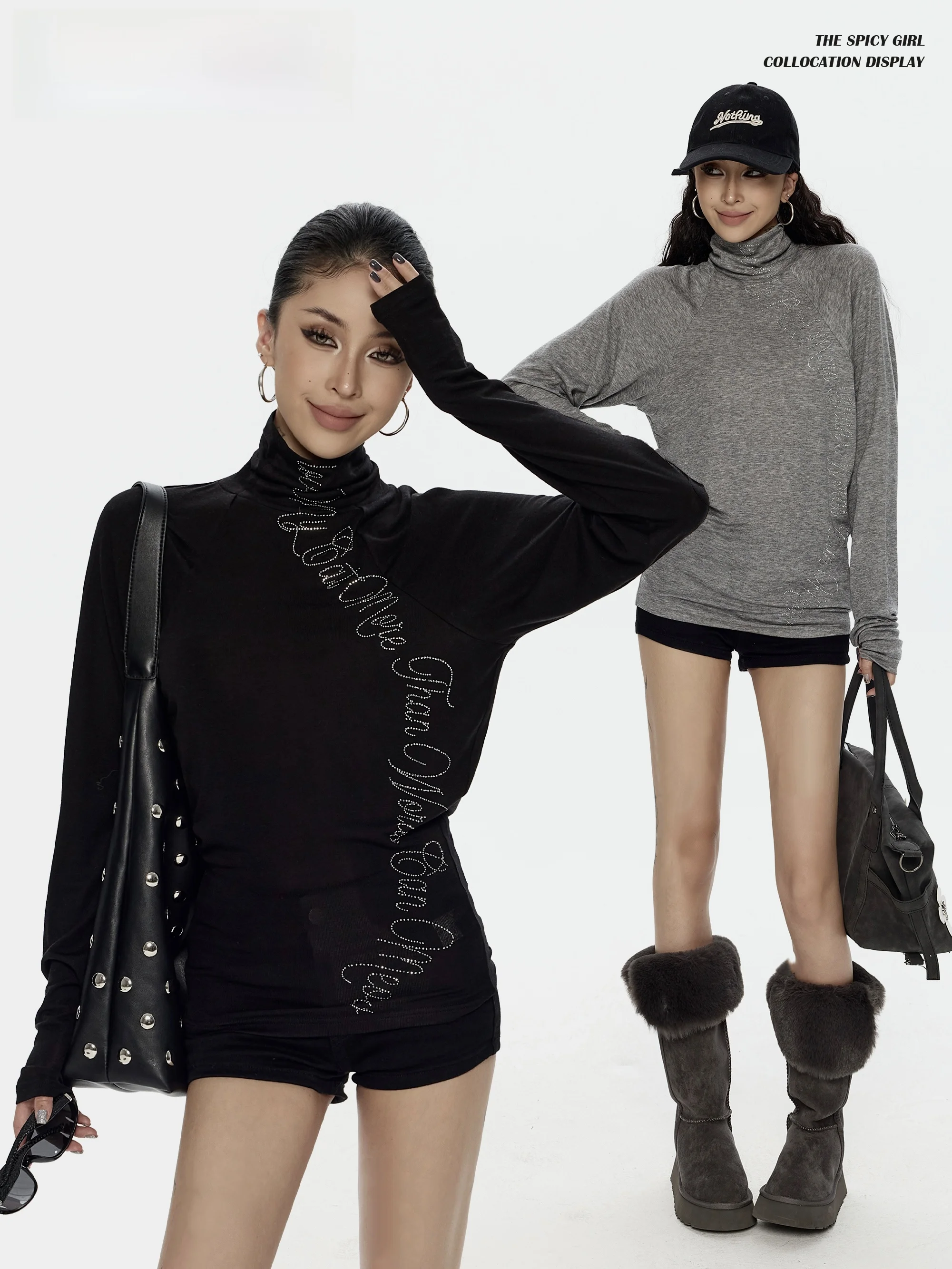 

Wild Zero Batwing Sve Rhinestone Long Sve T-irt Women's Autumn Winter New High Collar Slimming Knitted Top