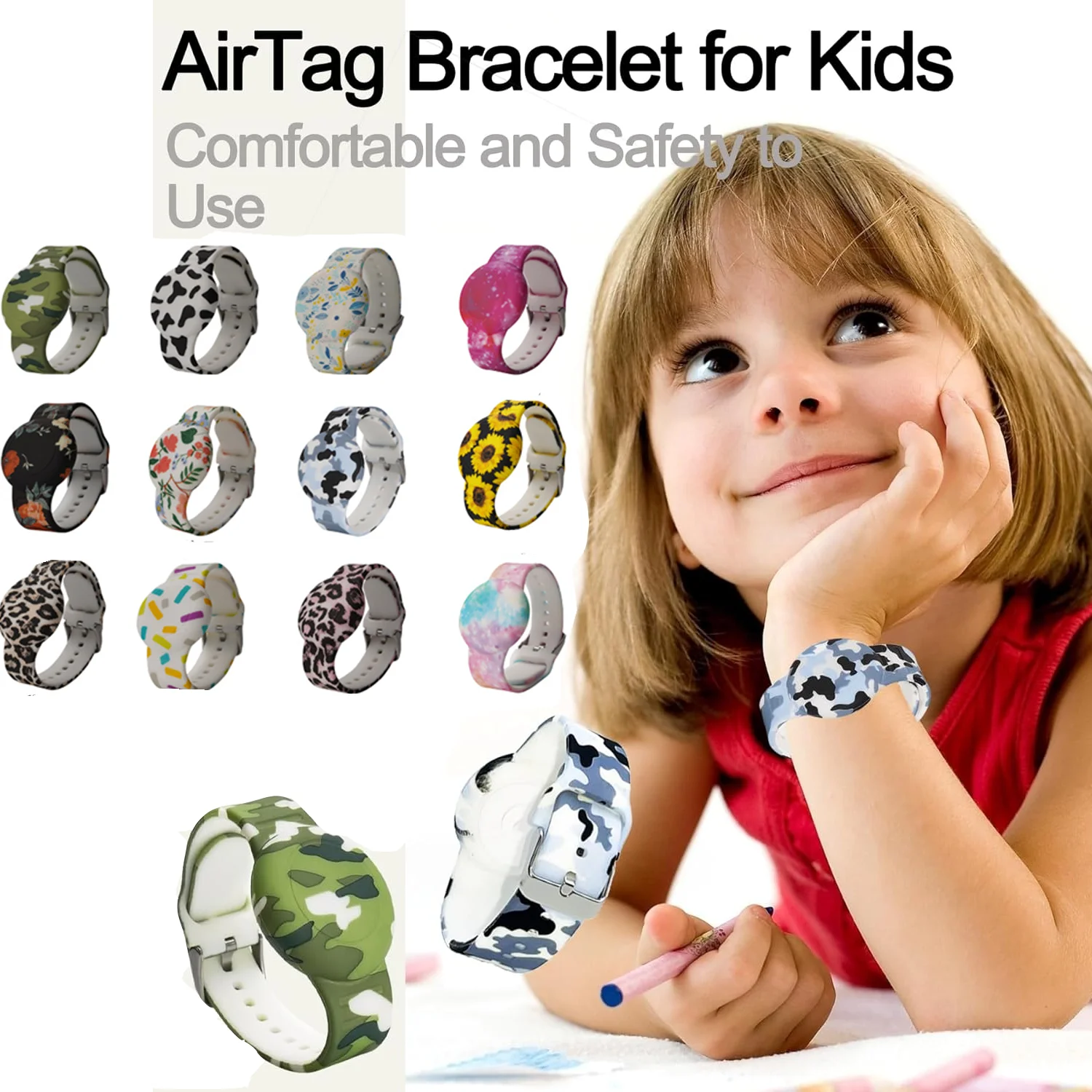 Waterproof AirTag Bracelet for Kids, Hidden Printed Wristband for Apple Air Tag, Silicone Holder Case for Band for Child Toddler