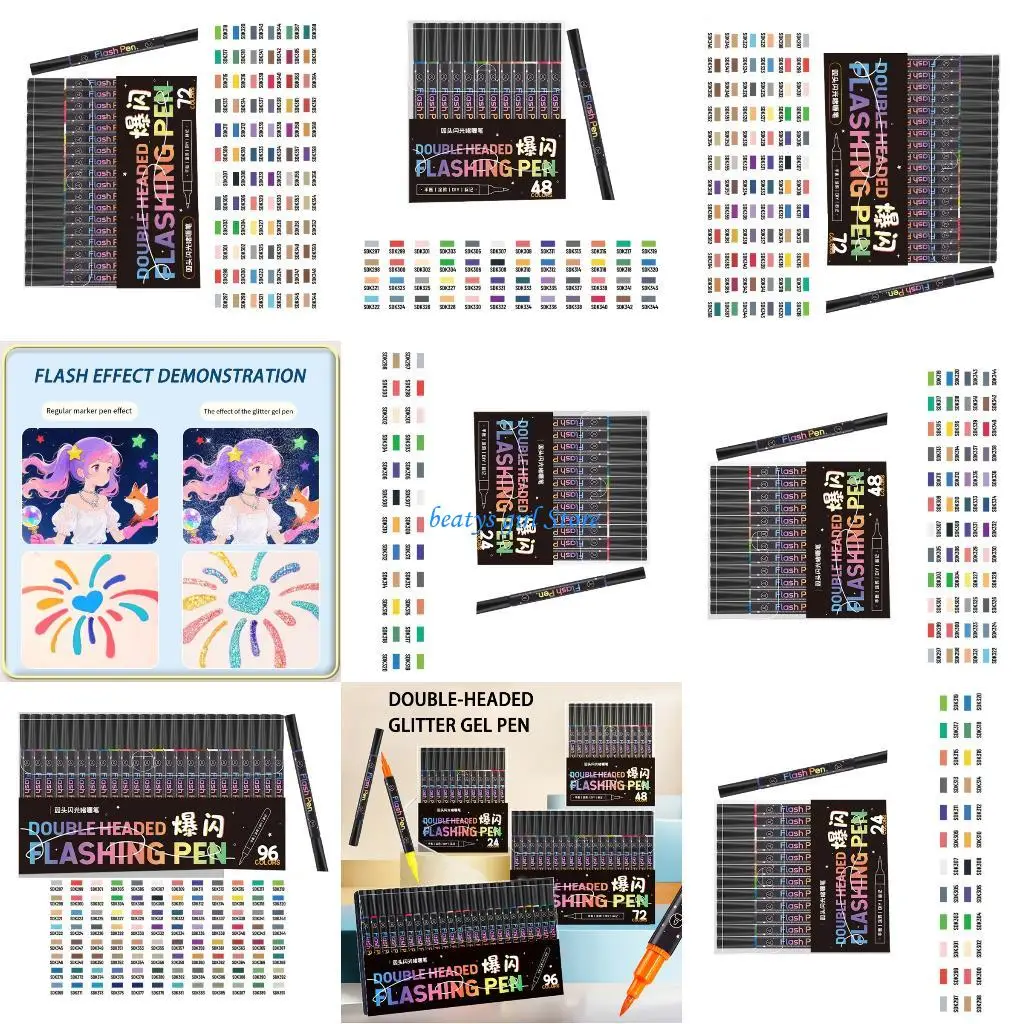 مجموعة أقلام تحديد فلاش C7AB ذات نهاية مزدوجة مع مجموعة أقلام تحديد أكريليك تتميز بميزة التوهج الليلي