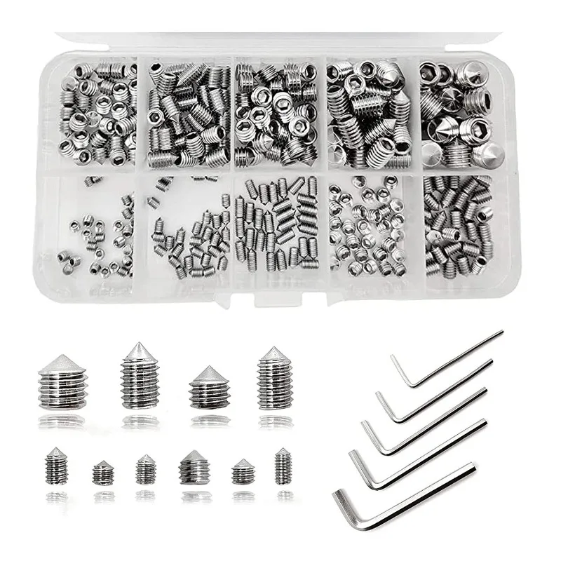 290pcs Stainless Steel Hex Socket Screw Set M3 M4 M5 M6 M8 Grub Screws with Cone Point Tapered End Grub Bolt
