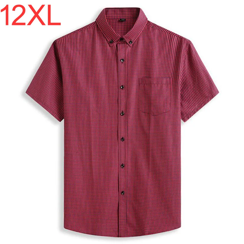 6XL 7XL 8XL 9XL 10XL 12XL Plus Size Men\'s Plaid Short Sleeve Shirt Fashion Business Casual Loose Straight Shirt Male Clothes