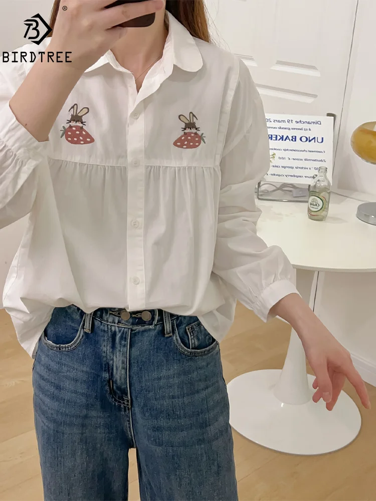 

New Spring Cotton Fashion Shirt Women Lapel Long Sleeve Tops Girl Embroidery Casual Sweet Loose Blouse 2024 Autumn T44125QM