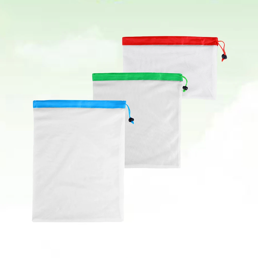 

3pcs Reusable Mesh Produce Bags Washable Eco-Friendly Grocery Storage Fruit Vegetable Travel Camping Garden Drawstring Poplock