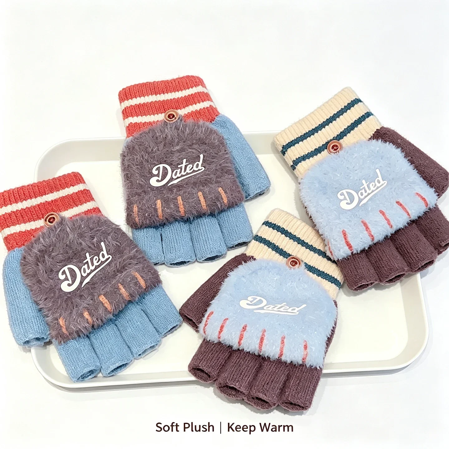 Kids 2 in 1 Convertible Flip Gloves Toddler Half Finger Knit Fleece Mittens Striped Cuff Kids Fingerless Glove For Boys Girls