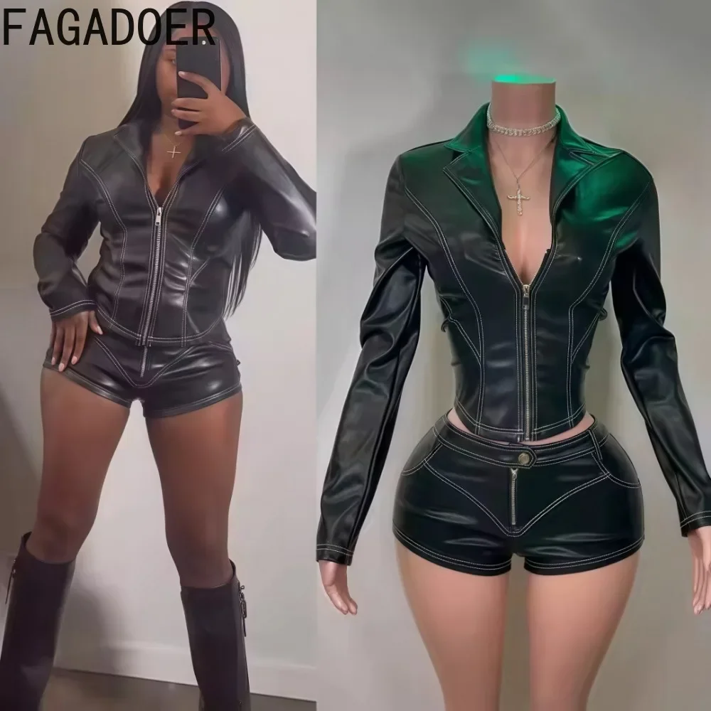 FAGADOER Punk Y2K Skórzane 2-częściowe zestawy damskie Głęboki zamek błyskawiczny Patchwork Kurtka i szorty Garnitury Hot Girl Streetwear Nowy