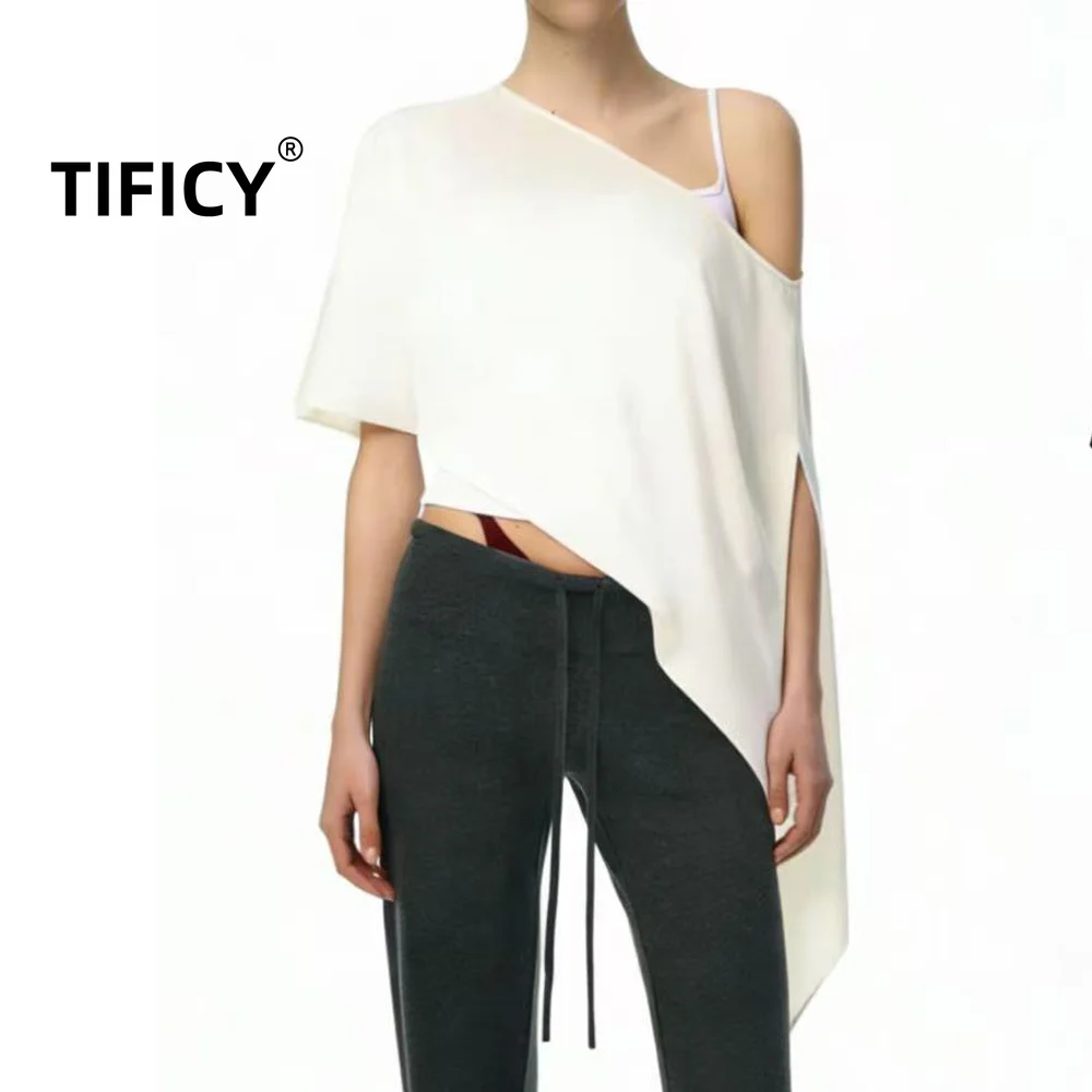 High Quality Blouses Women's Acetic Acid Satin Asymmetric Sloping Shoulder Cover Streetwear Caslua Fashion Shirt Blouses Tops