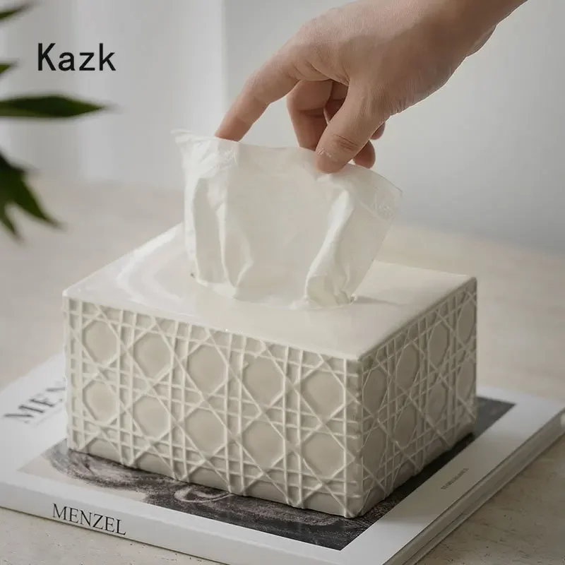 Rattan Lattice Texture Tissue Box Creative High-end Relief Ceramic Tissue Boxes Home Desktop Napkin Holder Living Room Decoratio