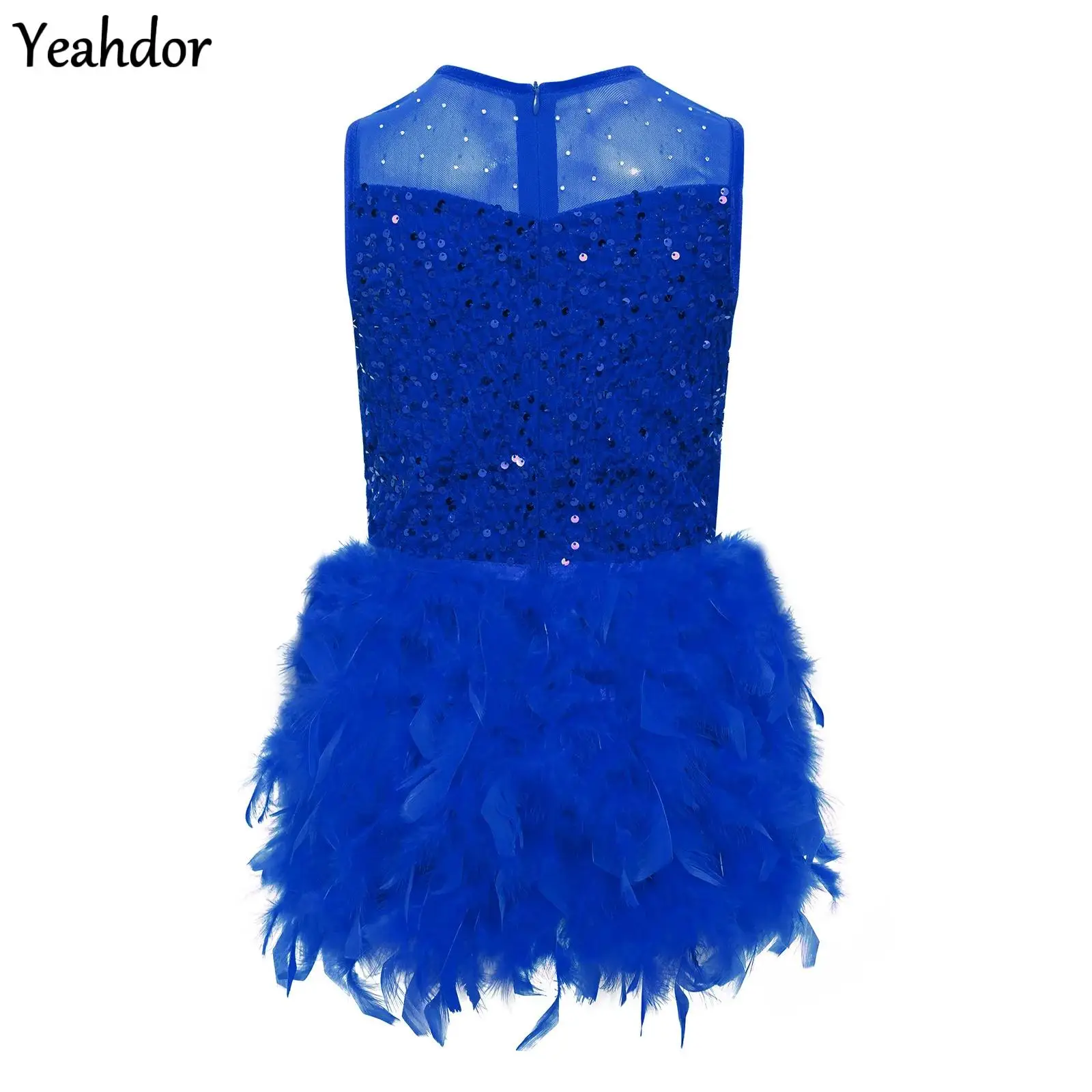 

Girls Feather Jazz Dance Dress Gymnastics Figure Skating Ballet Leotard Sequins Bodice Tulle Skirted Velvet Tutu Dress Costumes