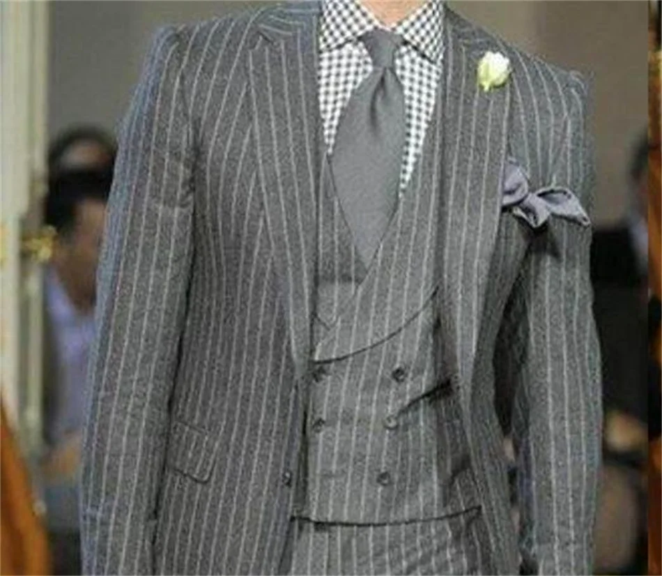 Cinza clássico listra homem ternos noivo fino ajuste smoking casamento formatura festa blazer ternos (blazer + colete + calças) 3 peças feito sob encomenda