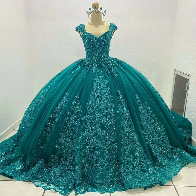 Teal Blue Princess Quinceanera ชุด2023ลูกปัด Applique Chapel Train Lace-Up รัดตัวพรหม Vestidos De 15 Quinceañera