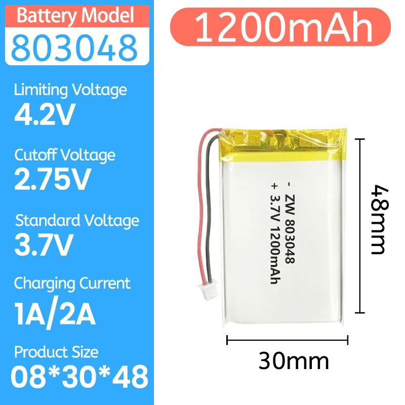 

3.7V 1200mAh 803048 Lithium Battery Li Polymer Batteries for Early education machine Remote Controller Handheld Fans