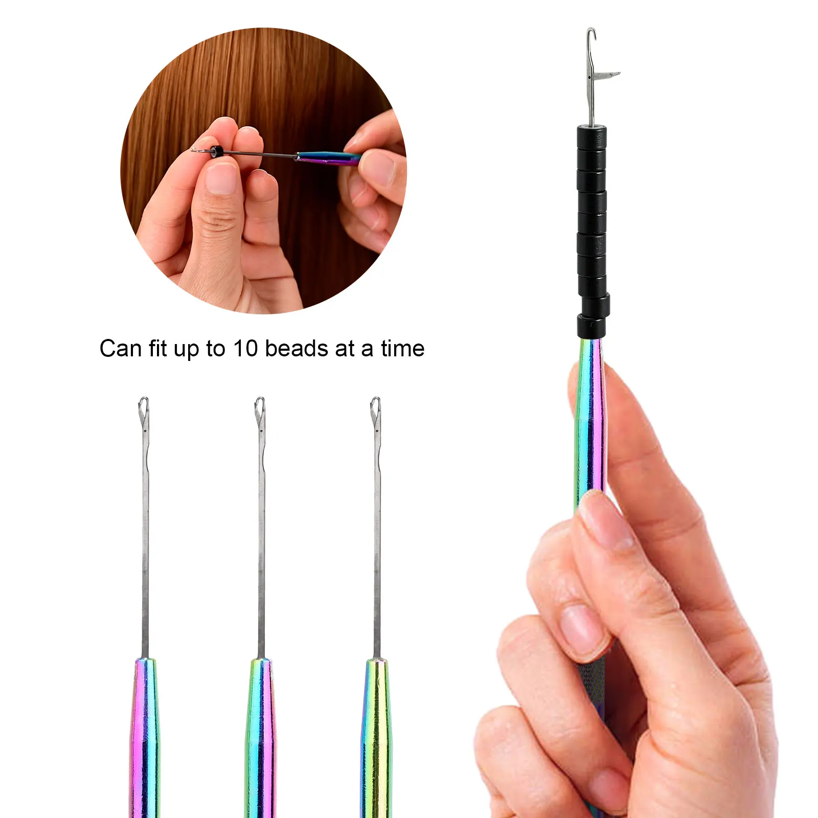 FOSHIO 3pcs Hair Extension Pulling Loop Ring Stainless Steel Needle Threader Wig Braid Bundle Micro Link Silicone Bead Hook Tool