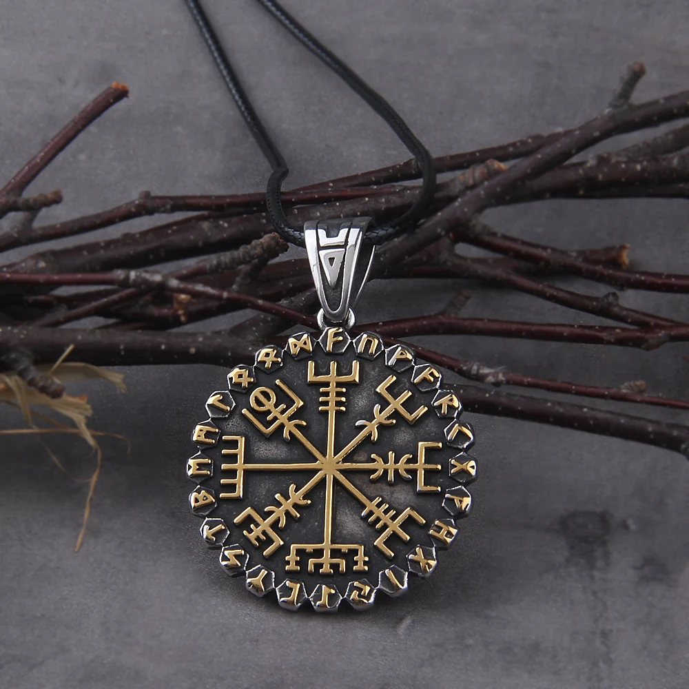 Classic Norse 24 Runes Viking Compass Necklaces Mens Amulet Vegvisir Pendant Stainless Steel Chain Icelandic Male Jewelry Gifts