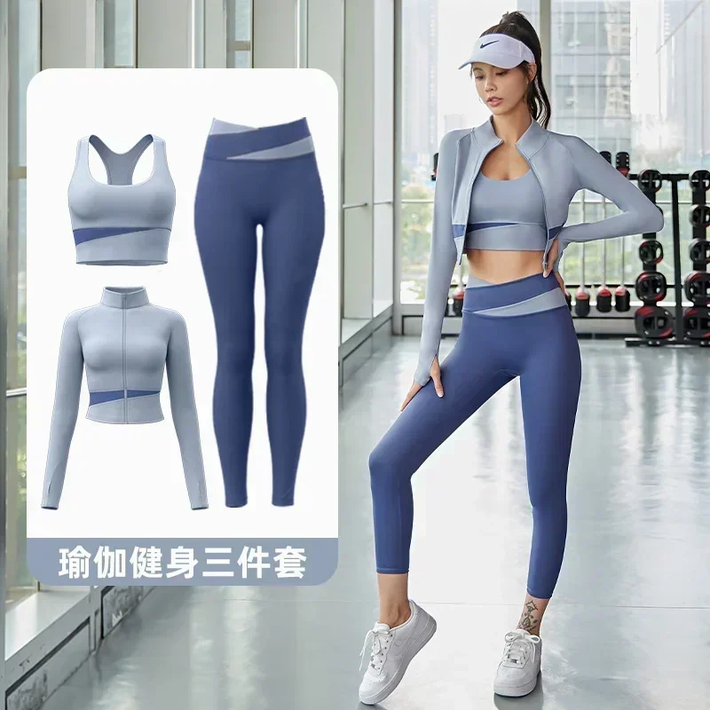 Women Yoga Patchwork 3 Piece Set Fitness Gym Coats+Bra+Leggings Workout Running Sportswear Clothing Tracksuit Ensemble Femme image 2