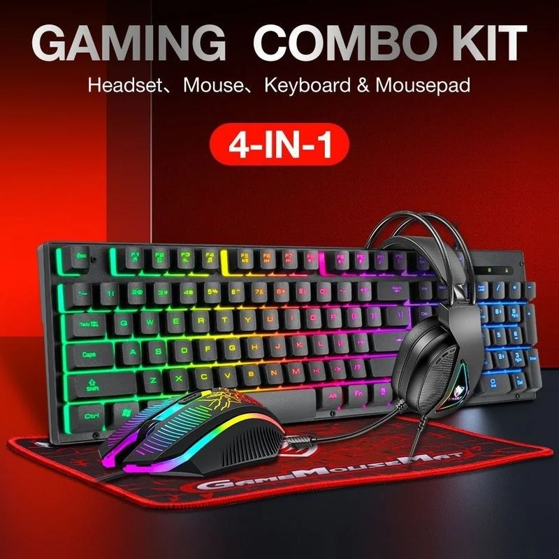 Bestseller T-Wolf Tf400 4 In 1 Rgb Backlit Gaming Combo Kit Keyboard Mouse Headset Mousepad For Sports Gamers Gaming Peripherals