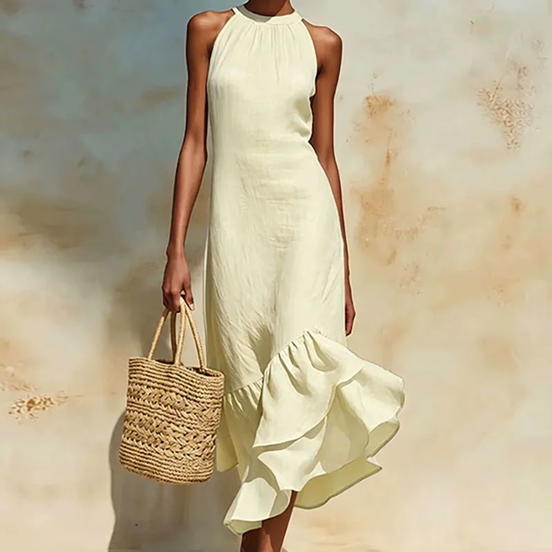Elegant Solid Halter Neck Maxi Dress Sleeveless Crinkle Irregular Flounce Ruffle Hem Dress Lightweight Women Summer Casual Dress