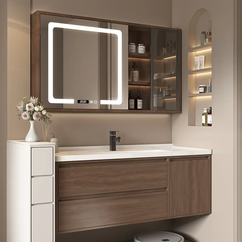

Luxury Vanity Bathroom Cabinet with Ceramic Sink Combo, Bathroom Vanity Cabinet for Media Space Drawer, Storage Vanity , Walnut